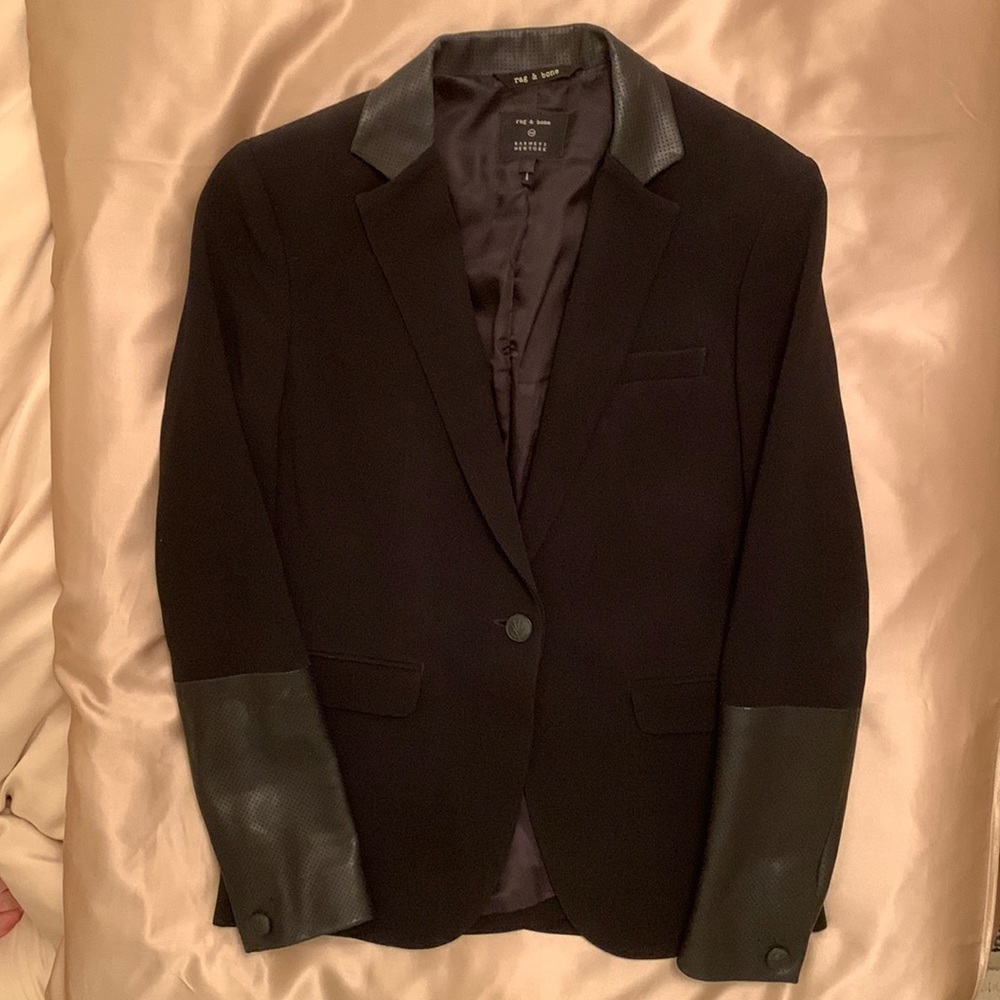 Black, size 0, Rag & Bone blazer with leather collar and cuffs